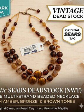 Vintage C.L.I.O. For Sears Multi Strand Beaded Statement Necklace Brown Amber
